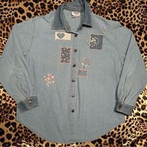 Vintage Teddi Denim Floral Patchwork Embroidered Button Down Shirt